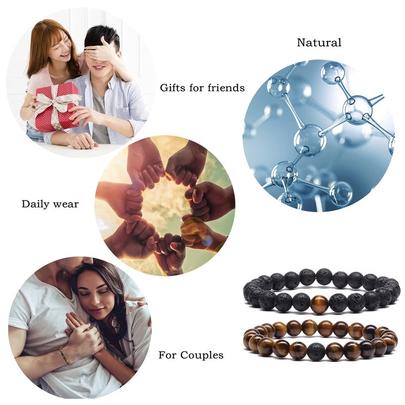 MengPa Mens Beaded Bracelets Couples Matching Bracelet Set Tiger Eye Lava Rock Beads for Women Stone Jewelry (Tiger Eye Brown) US4163F - Image 2